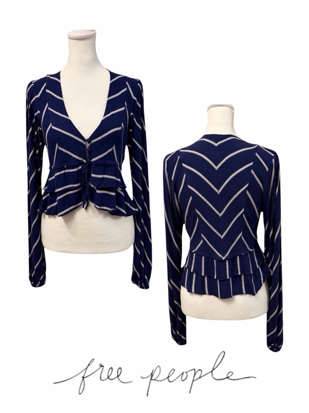 ~Free People Navy & White Chevron Tie-Front Peplum Blouse - Picture 7 of 14